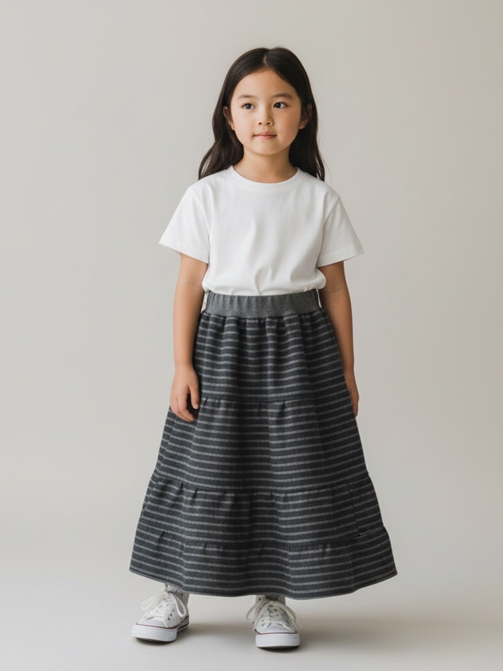 Skirt Canvas Girls 3/4 Maxi Gray Striped Ruffle Tiered Cotton Mom and Pop's Kids